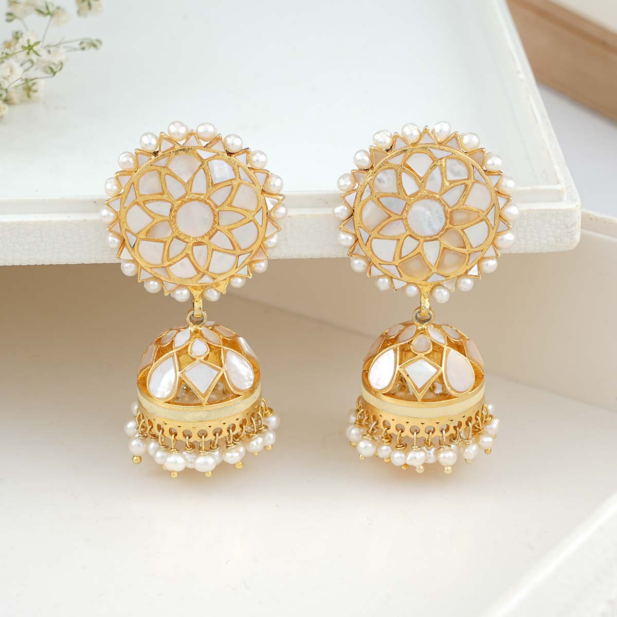 Buy Idyllic Jhumkas Gold Plated Mother of Pearls Earrings