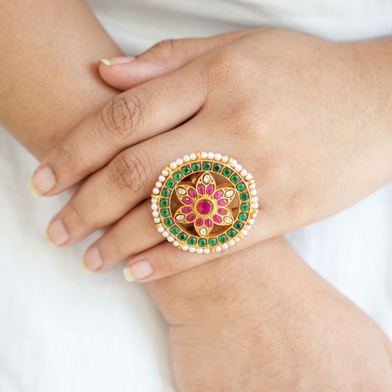 White Kundan Stones,Double Oval Flower Design Jaadu Kundan Premium Quality  Adjustable Finger Ring Buy Online