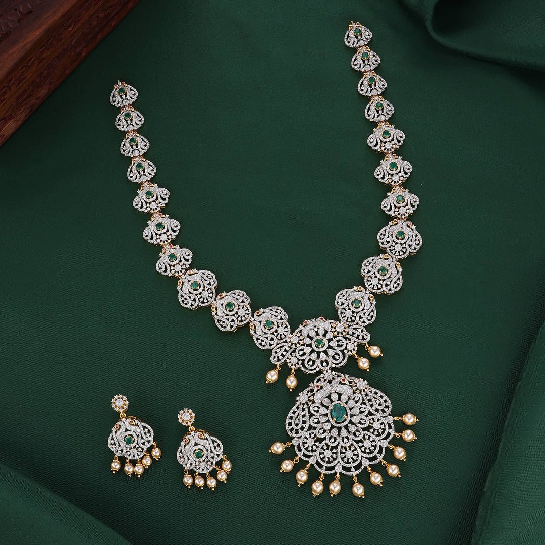 Dual Mayil Diamond Design Long Necklace Set