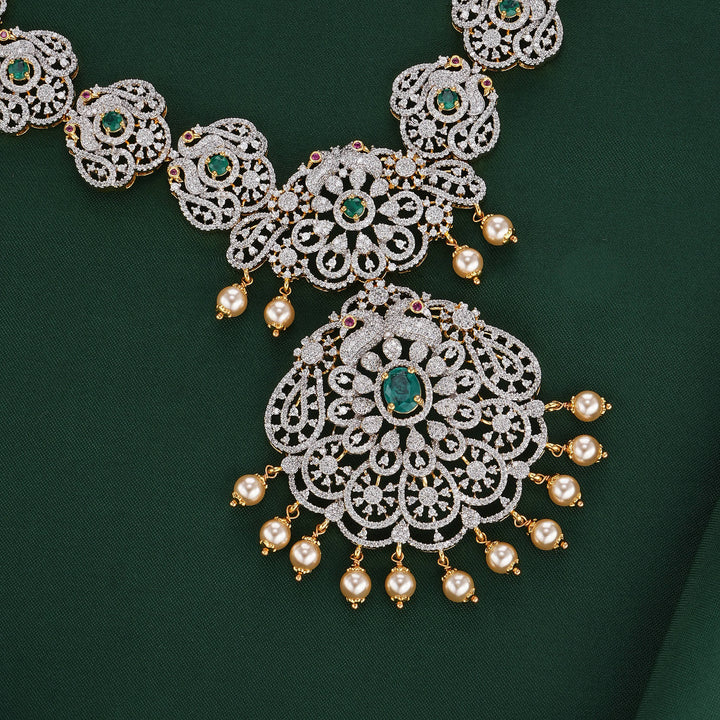 Dual Mayil Diamond Design Long Necklace Set