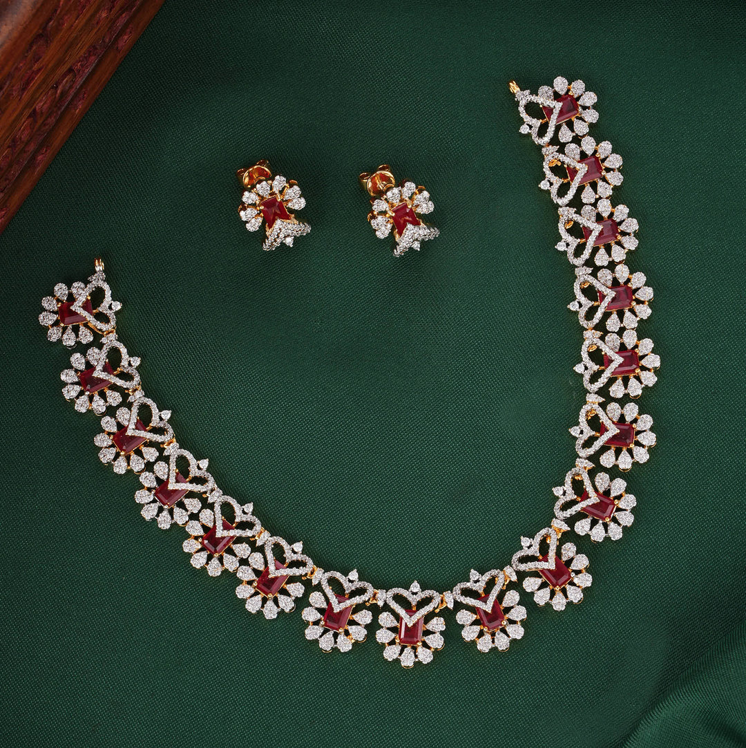 Lovely Red Diamond Design Short Necklace Set