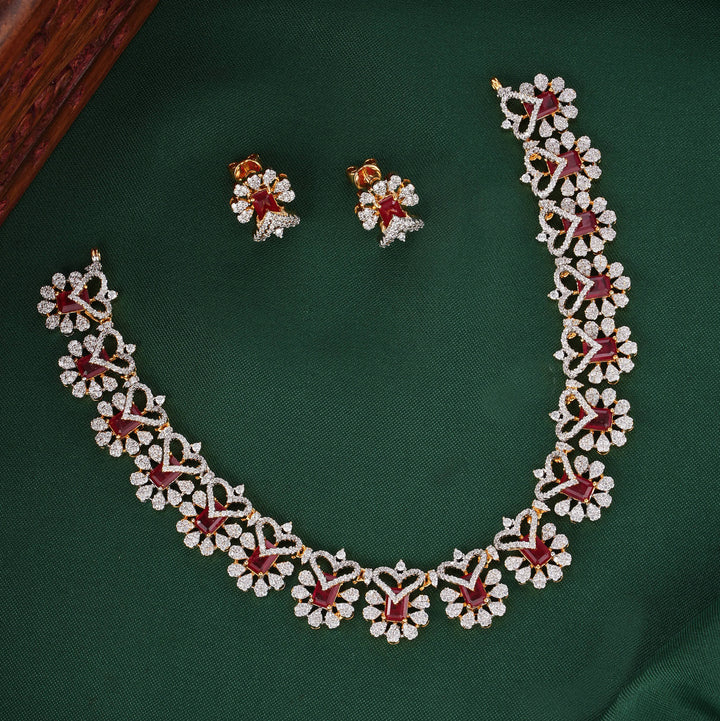Lovely Red Diamond Design Short Necklace Set