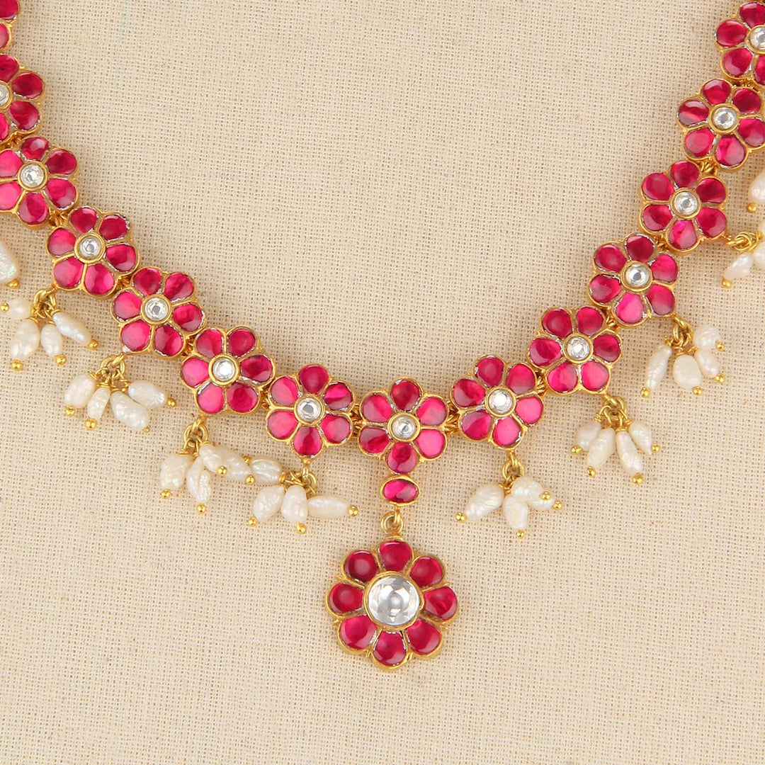 Pink Floral Kundan Necklace Set
