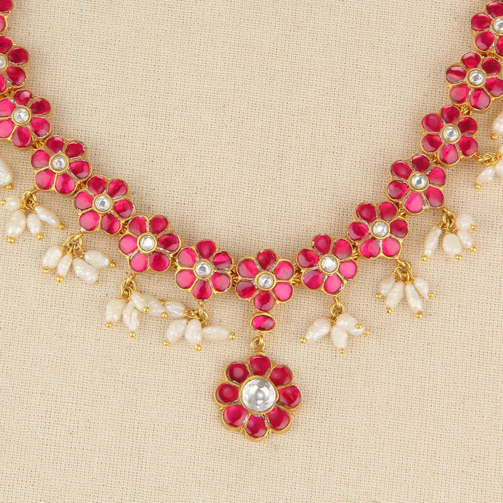 Pink Floral Kundan Necklace Set