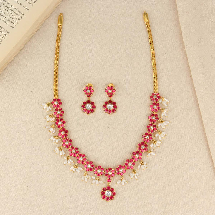 Pink Floral Kundan Necklace Set