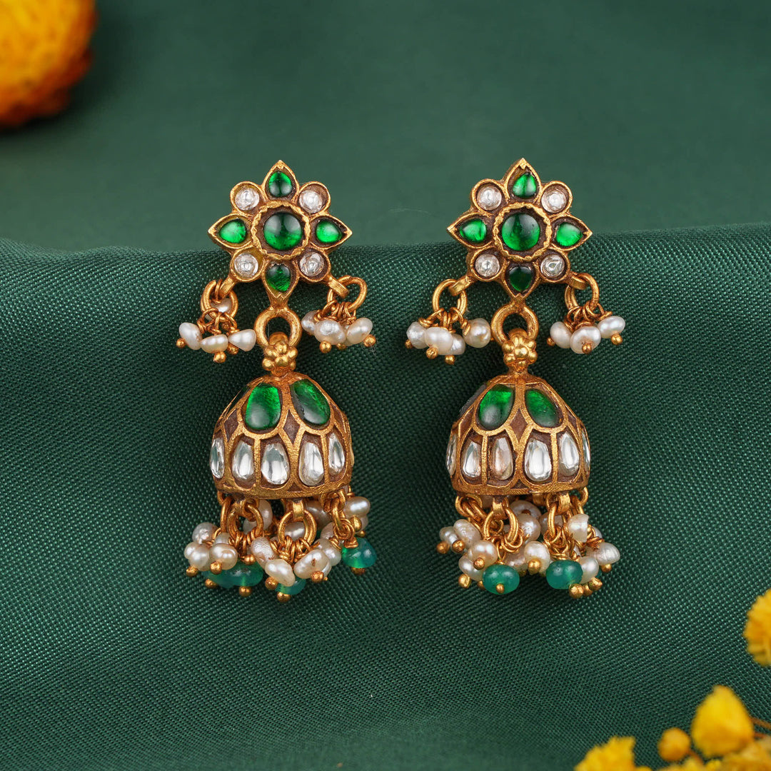 Green Shine Kundan Jhumkas