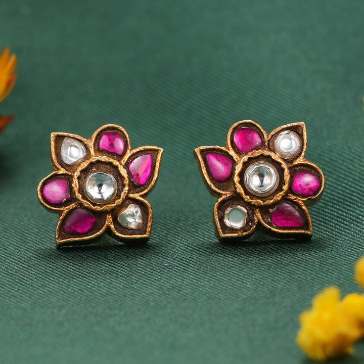 Pink Floral Kundan Studs