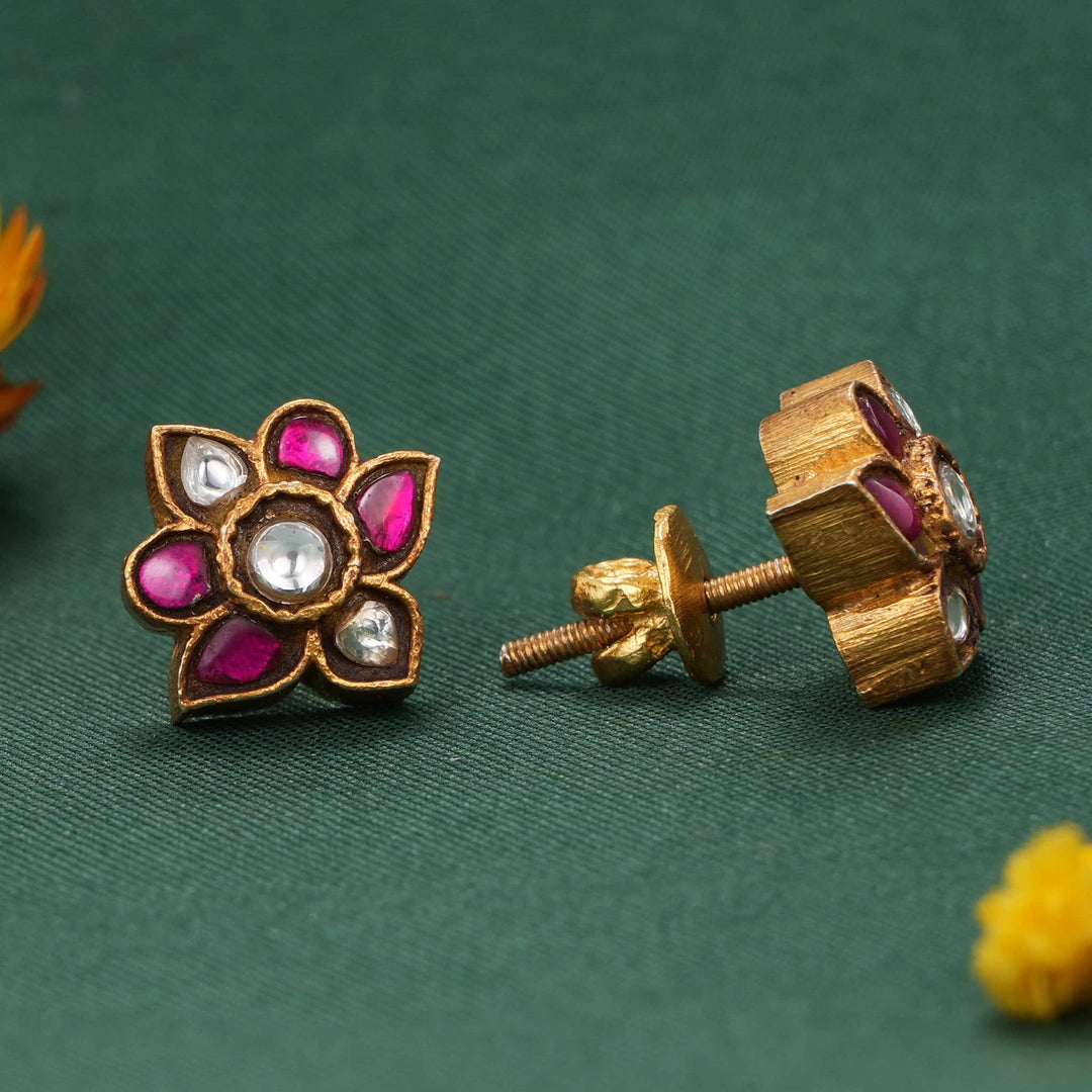 Pink Floral Kundan Studs