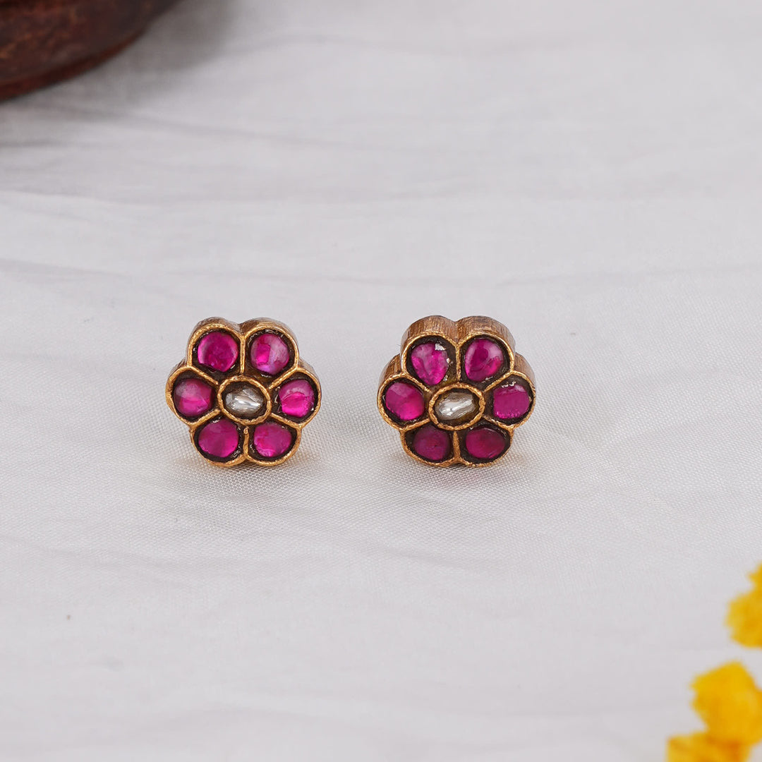 Pink Floral Kundan Studs