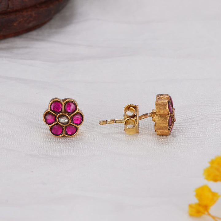 Pink Floral Kundan Studs