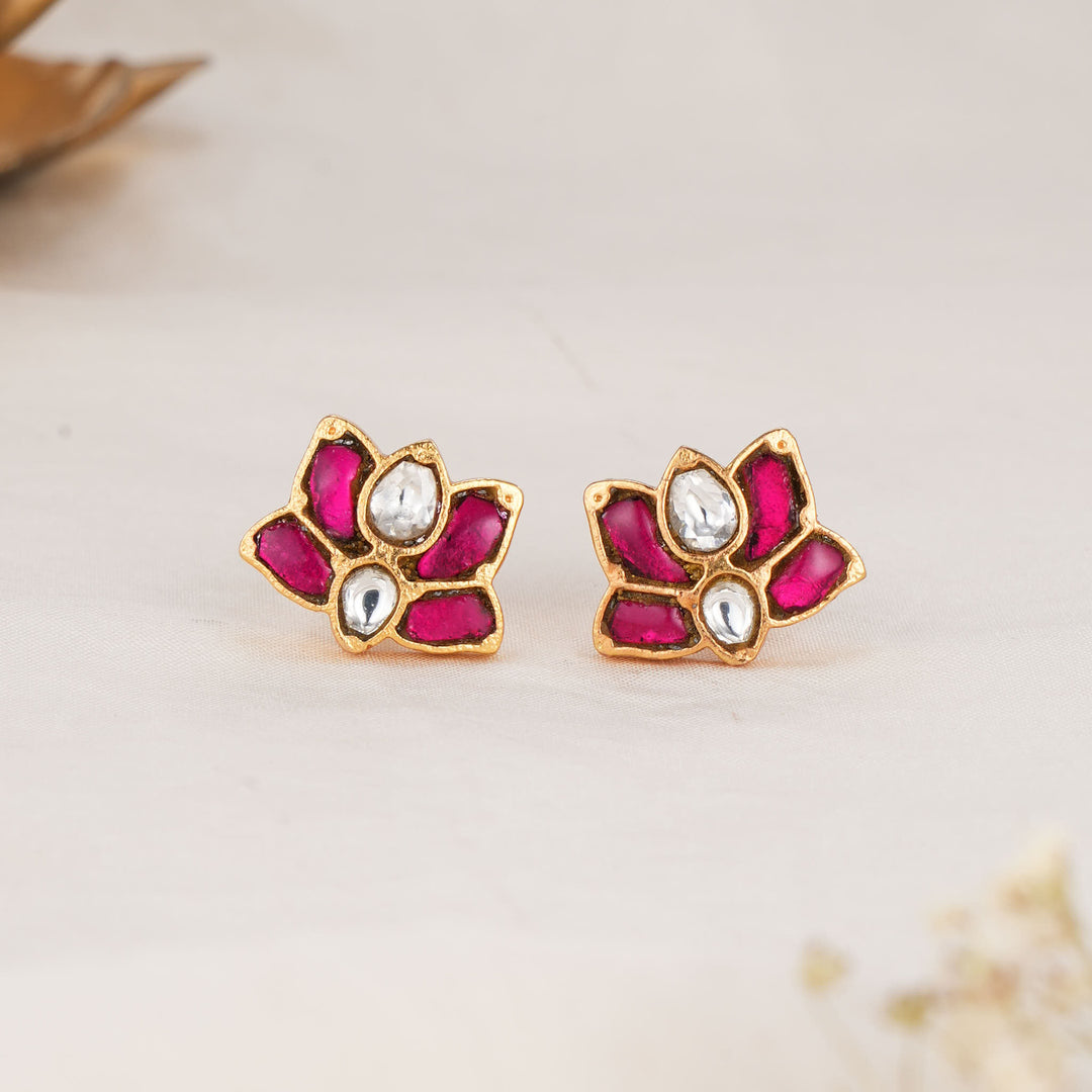 Pink Floral Kundan Studs