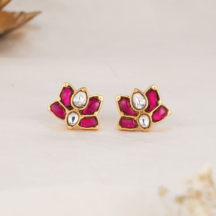 Pink Floral Kundan Studs
