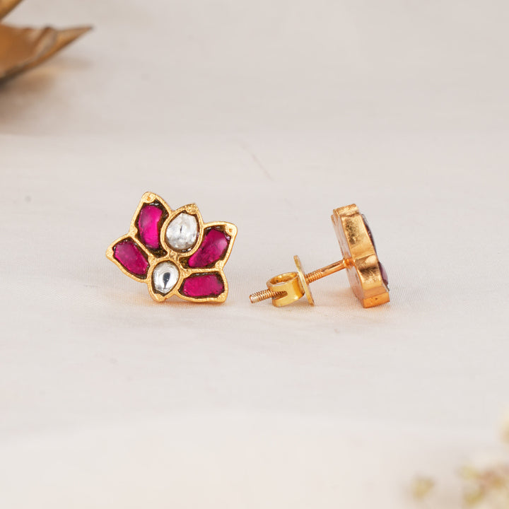 Pink Floral Kundan Studs