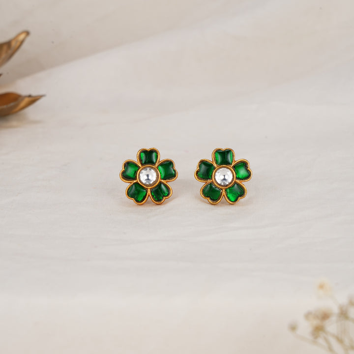 Green Floral Kundan Studs