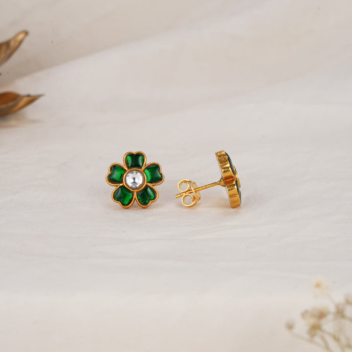 Green Floral Kundan Studs