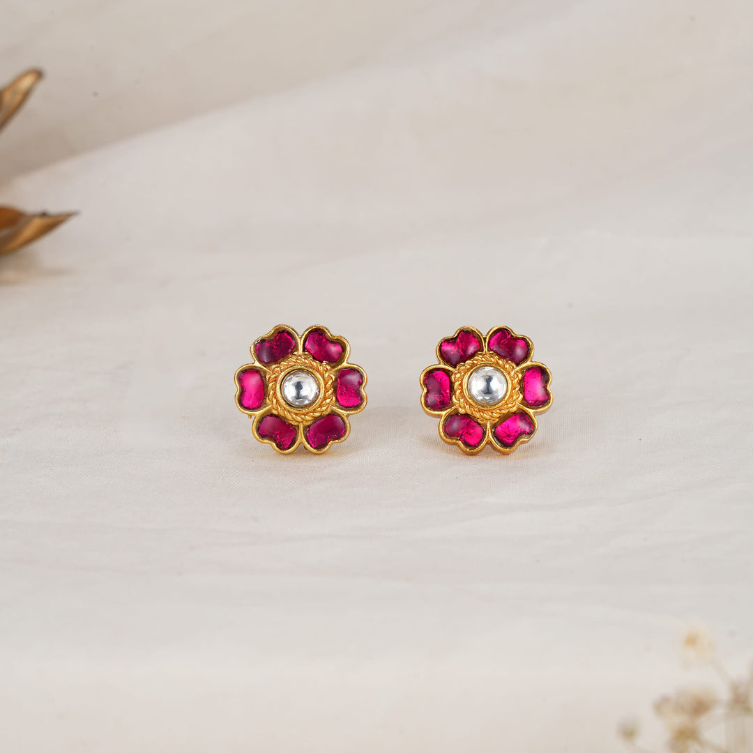 Red Floral Kundan Studs