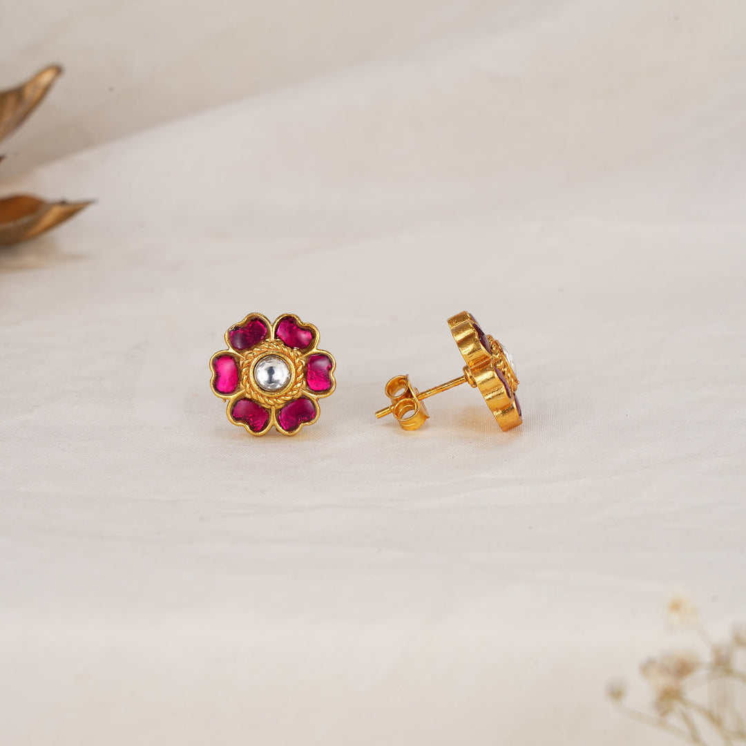 Red Floral Kundan Studs