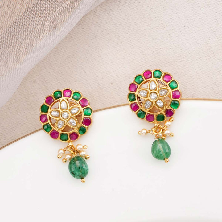 Green with Pink Kundan Drops