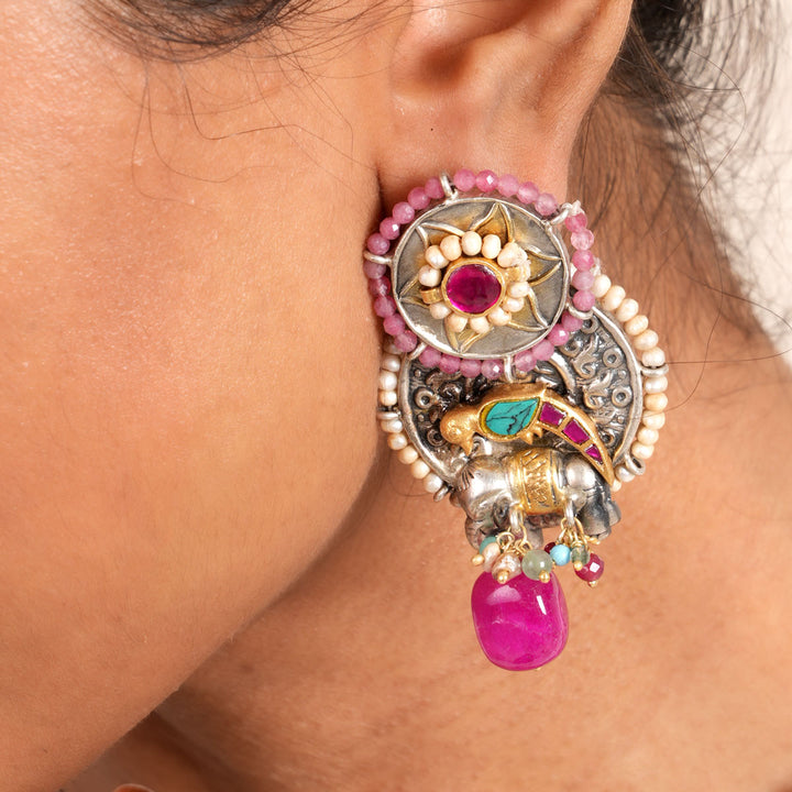 Chakra Charms Oxidised Long Earrings