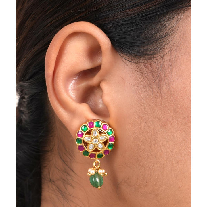 Green with Pink Kundan Drops
