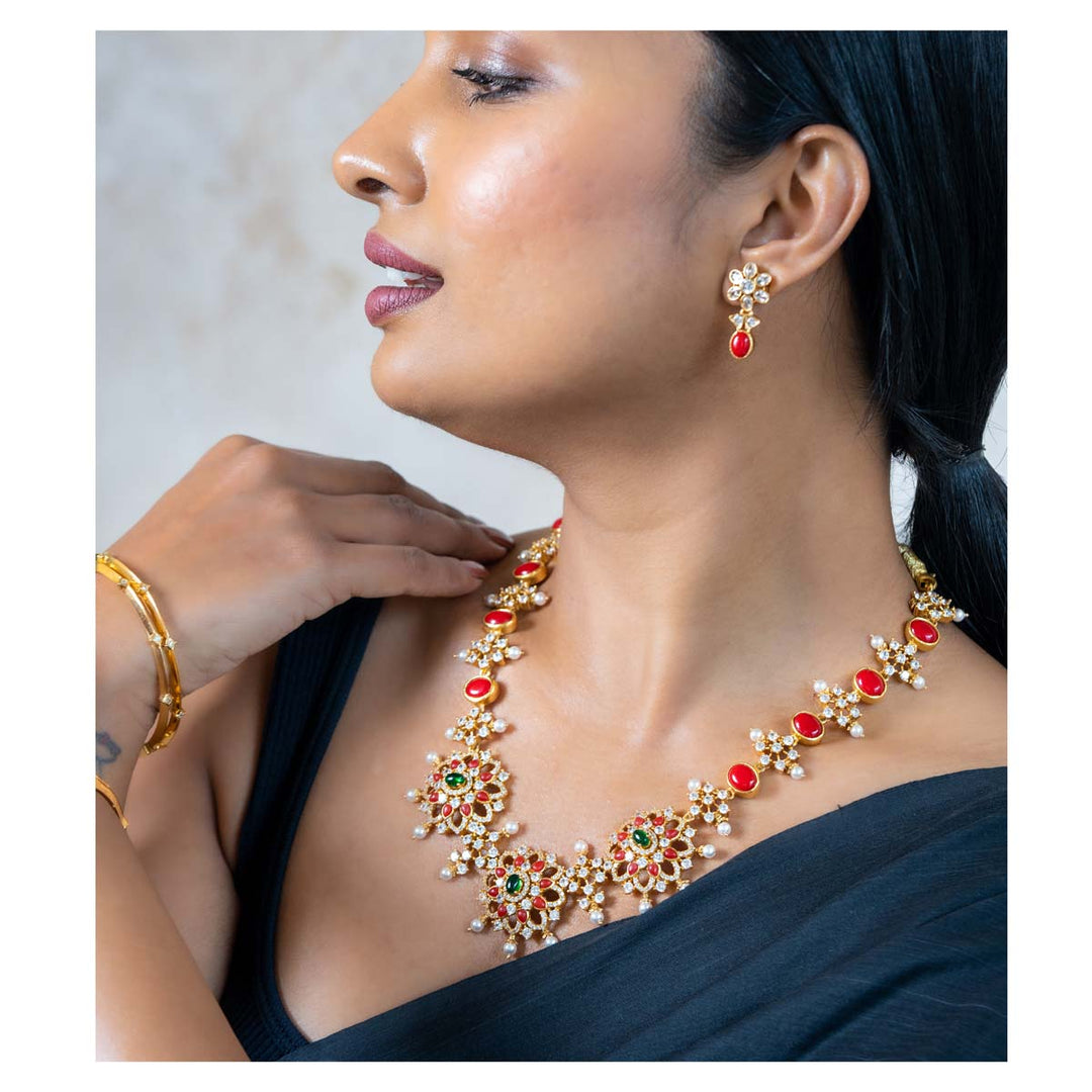 Coral Necklace Set Gold Plated Silver Necklace And Earrings