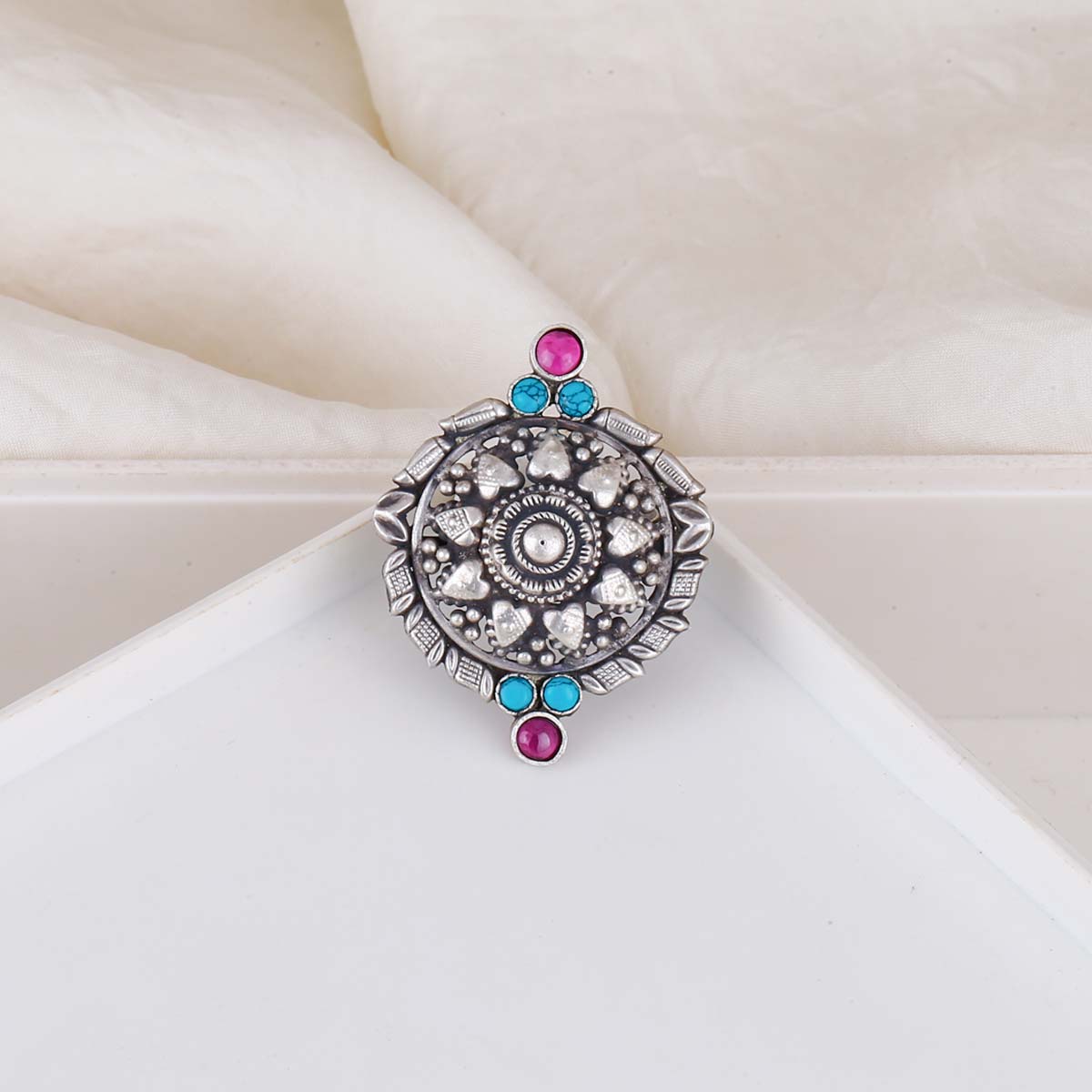 Oxidized SIlver Afghani Blackish Look Pink/Orange Stone Designer Adjustable  Ring for Women and Girls. | K M HandiCrafts India