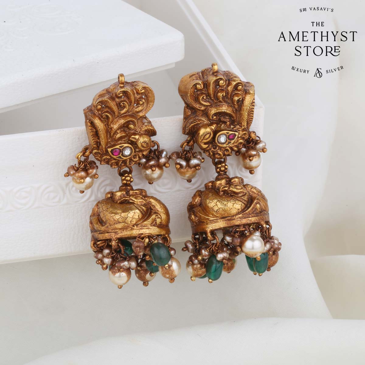 Gold Plated - Temple Jewelry - Kemp Stone Jhumki Earrings - Pearl Bead