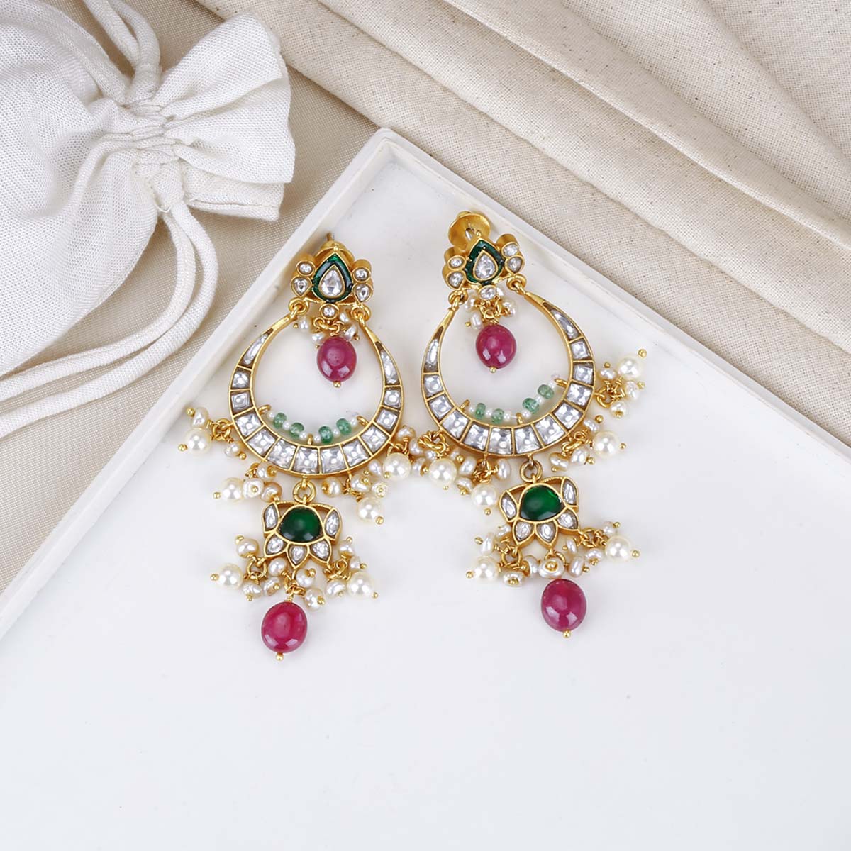Matte Finish Leaf Design Kundan Earrings with Red Stone - South India Jewels